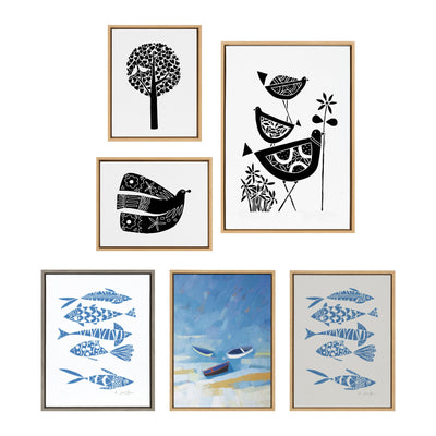 Sylvie Trio Linocut, Love Tree Linocut and Over the Cloud Linocut Framed Canvas Art Set by Giuliana Lazzerini