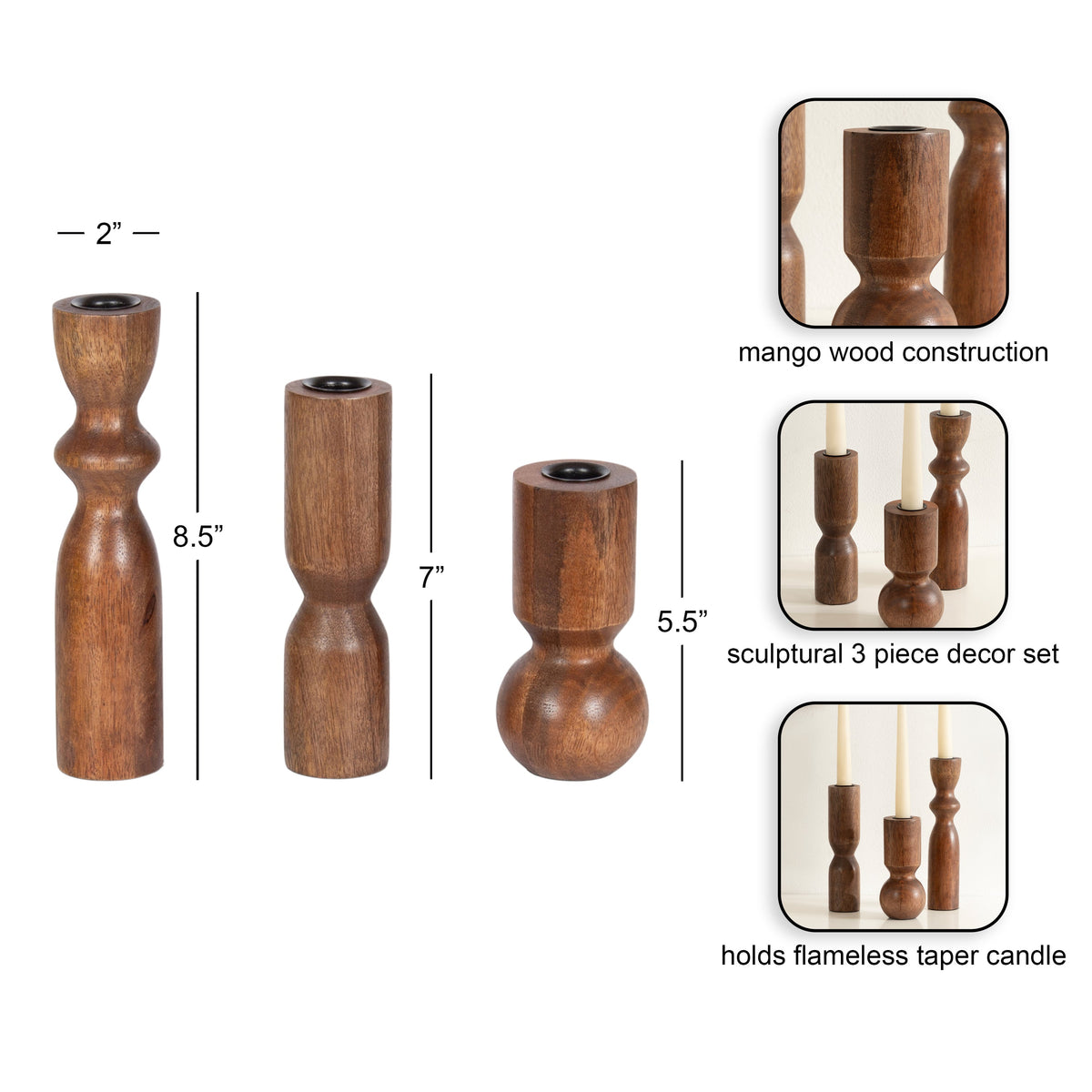 Three sculptural brown mango wood candle holders with distinct tapered shapes measuring 8.5", 7", and 5.5" high, shown with black candle sockets and flameless candles.