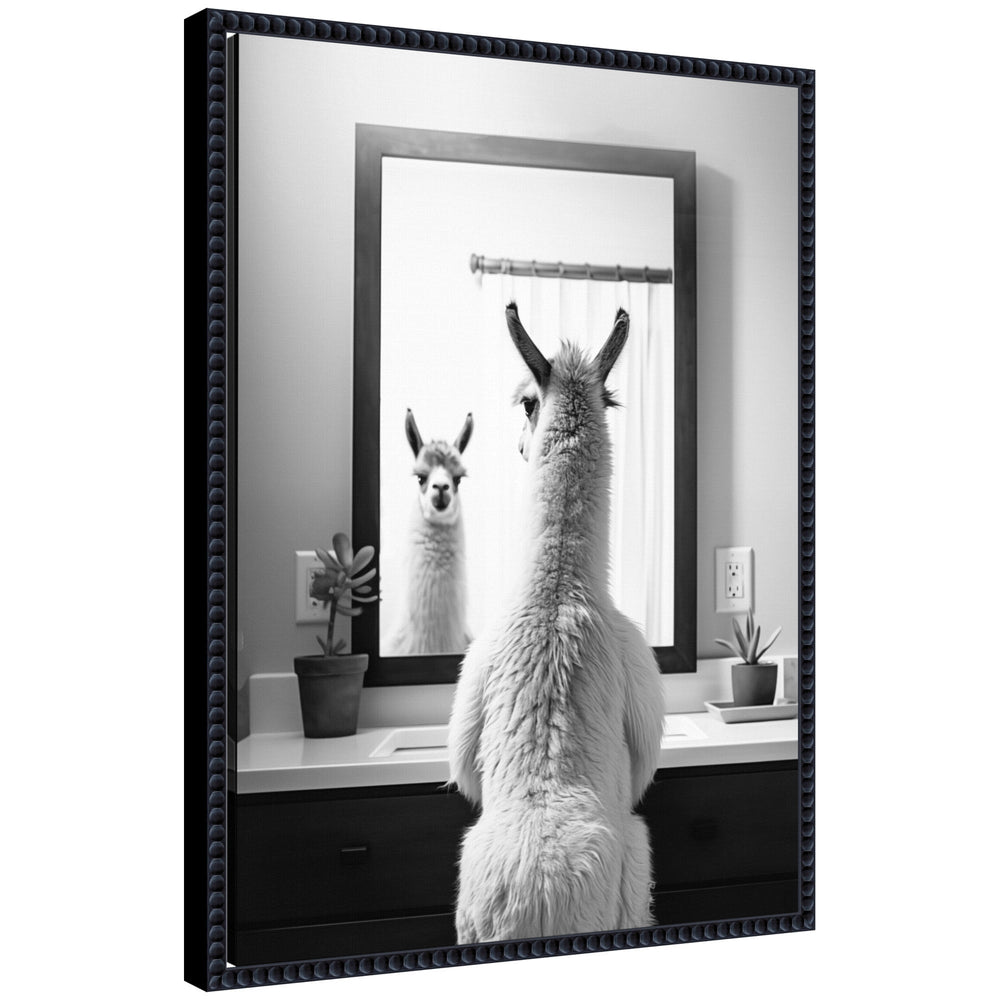 Sylvie Llama Bathroom Art Mirror in black and white featuring a framed canvas with a llama illustration and beaded frame