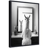 Sylvie Llama Bathroom Art Mirror in black and white featuring a framed canvas with a llama illustration and beaded frame