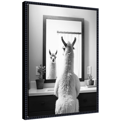 Sylvie Llama Bathroom Art Mirror in black and white featuring a framed canvas with a llama illustration and beaded frame