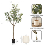 Six-foot tall faux eucalyptus tree with detailed green leaves, slender brown trunk, and simple white planter with included moss, shown with assembly close-up.