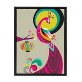 Stylized pink peacock with multicolored feathers perched near a branch holding a decorative lantern, set against bold circular yellow and teal shapes on beige background.