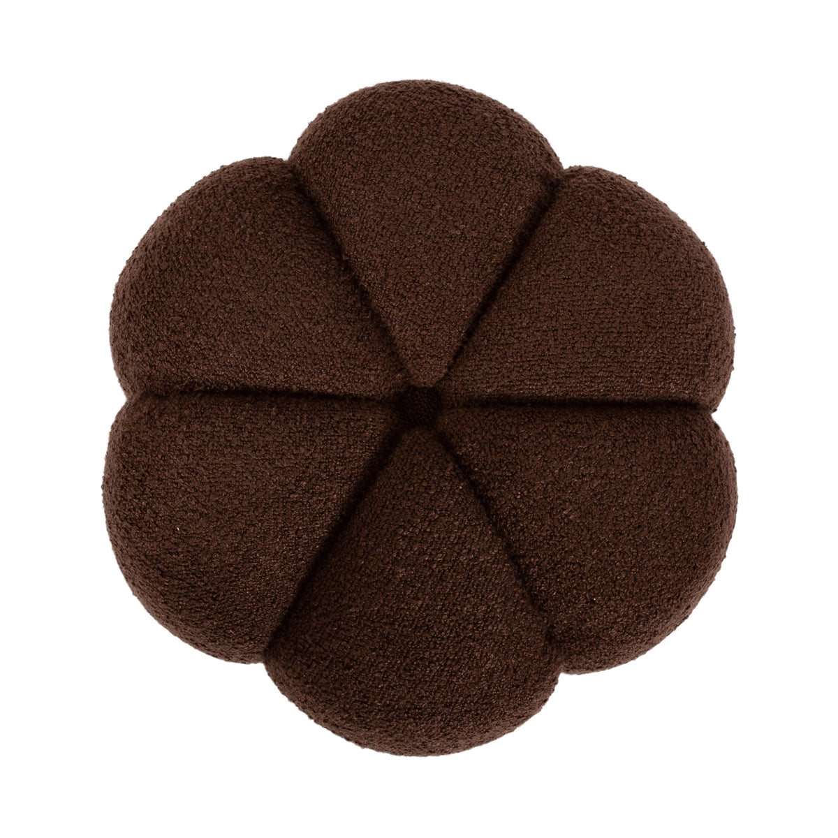 Round ottoman with deep brown fabric upholstery divided into six large tufted segments, viewed from above.