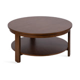 Round wood coffee table with warm brown finish, featuring a solid top and a lower circular shelf supported by four straight legs