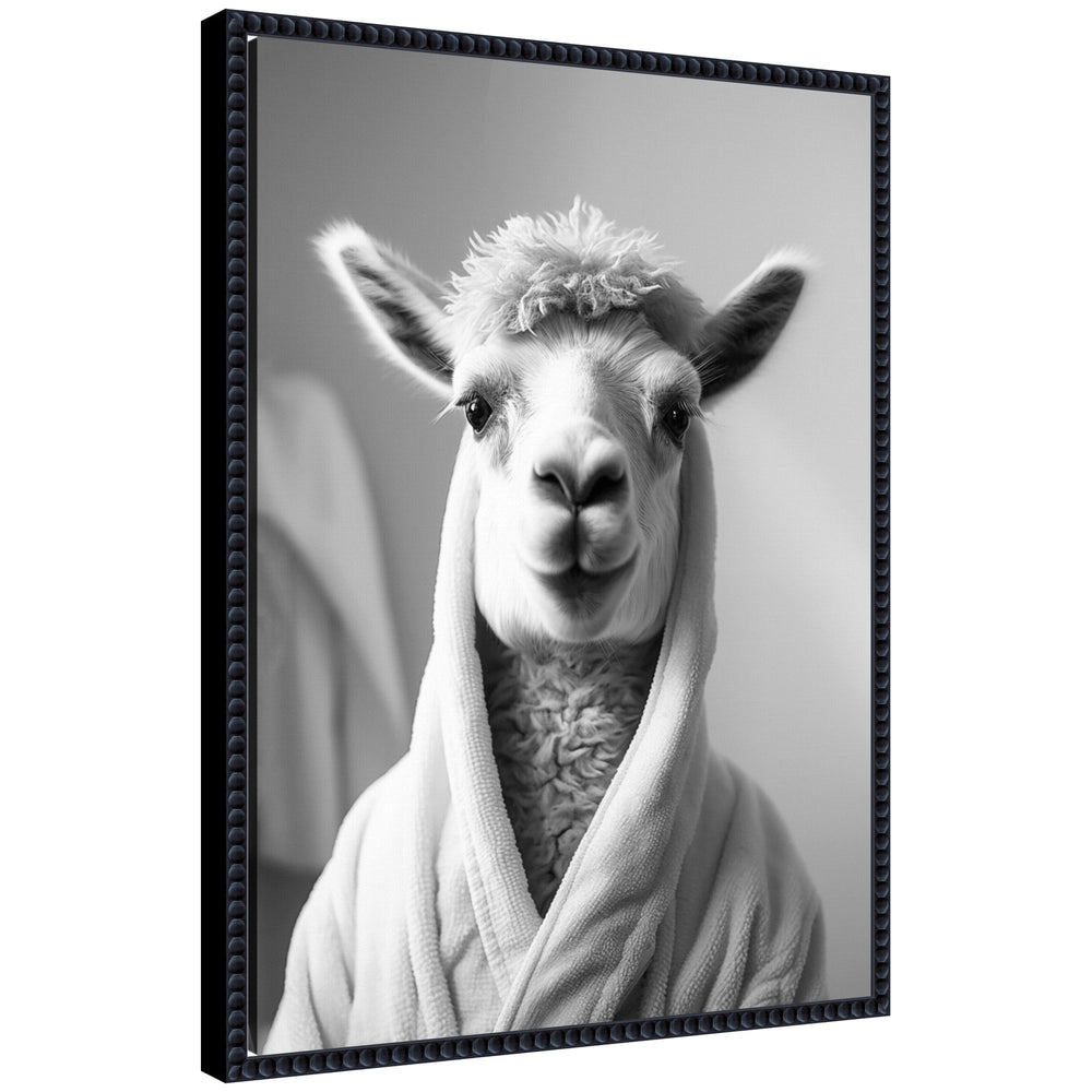Black and white framed canvas art depicting a llama wearing a towel robe