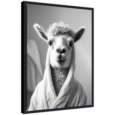 Black and white framed canvas art depicting a llama wearing a towel robe