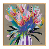 Abstract colorful floral painting with pink, purple, yellow, and turquoise flowers in a white vase with purple stripes, set against a muted taupe background.