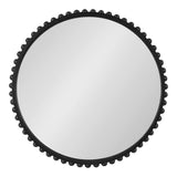 Round wall mirror with a black frame featuring evenly spaced spherical bead-like embellishments around the edge