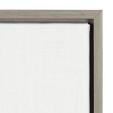 Close-up of white canvas texture in a simple, thin wooden frame with grayish-brown finish, showing canvas edges and corner joint of the frame.