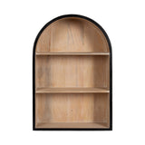 Wooden wall shelf with a rounded arch top and black painted frame, featuring three horizontal shelves in natural light wood tones.
