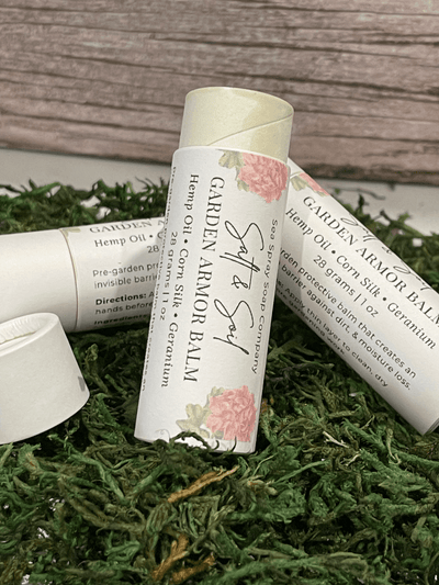 Garden Armor Hand Protection Balm 2 oz stick in compostable cardboard tube with fresh geranium scent