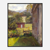 Impressionistic painting of a garden scene showing a sunlit green lawn, leafy bushes, a small red shed in the midground, and part of a weathered building on the right under partly cloudy sky.