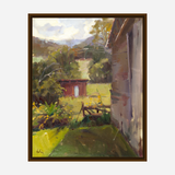 Impressionistic painting of a garden with a small red shed in the background, lush green plants, and the side of a weathered wooden building in soft sunlight.