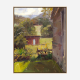 Oil painting of a sunlit garden with a red shed in the midground, lush greenery, and a close-up view of a gray wall on the right side.