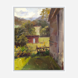 Sunlit rural scene featuring a weathered garden shed with a white door, surrounded by lush greenery and a distant hill under a cloudy sky.