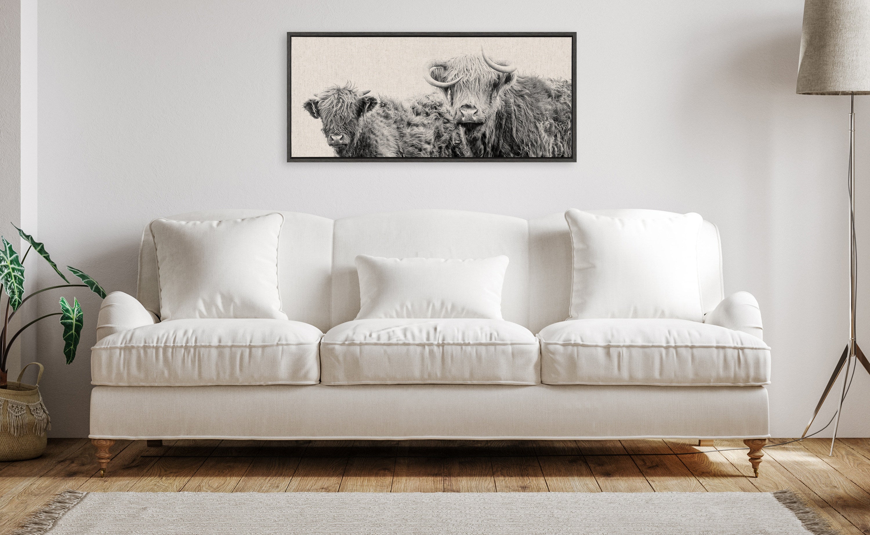 Sylvie Two Highland Cow Best Friends Neutral Linen Bright Framed Canvas