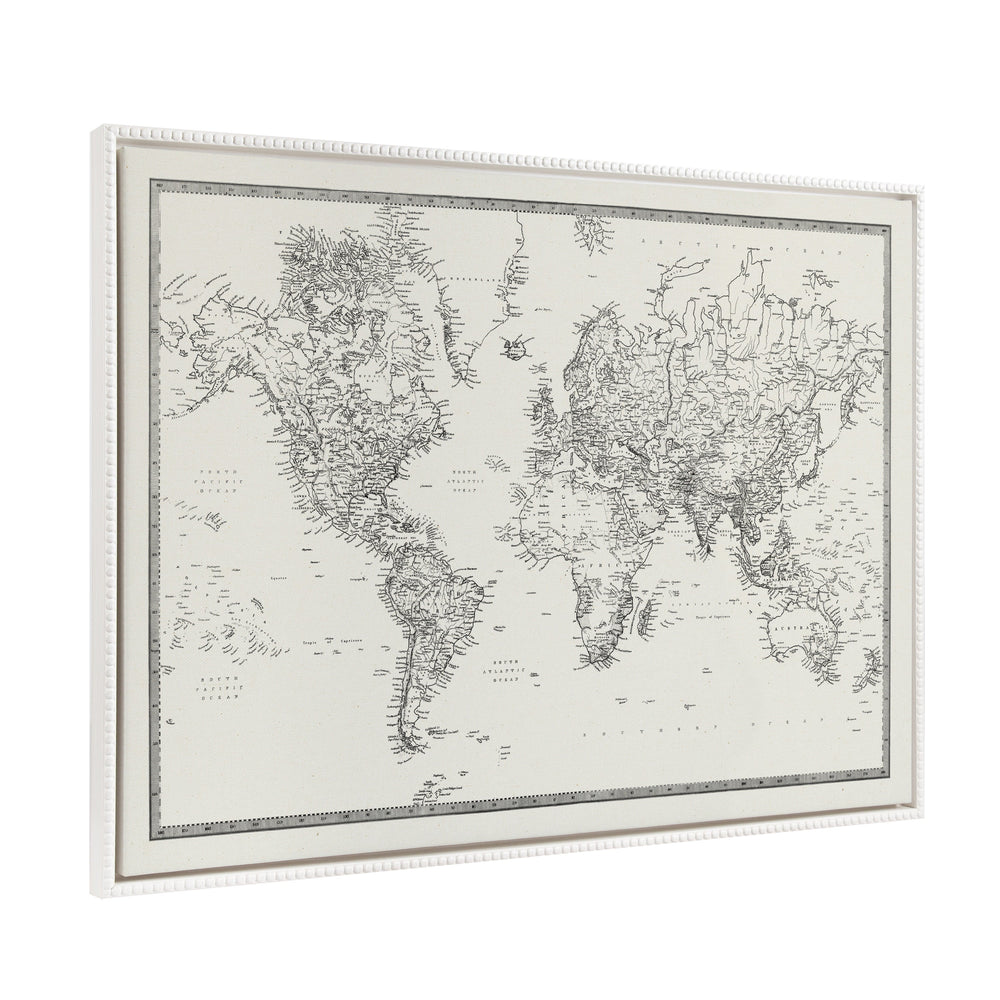 Sylvie Beaded Vintage Black and White World Map in White Frame on Wall
