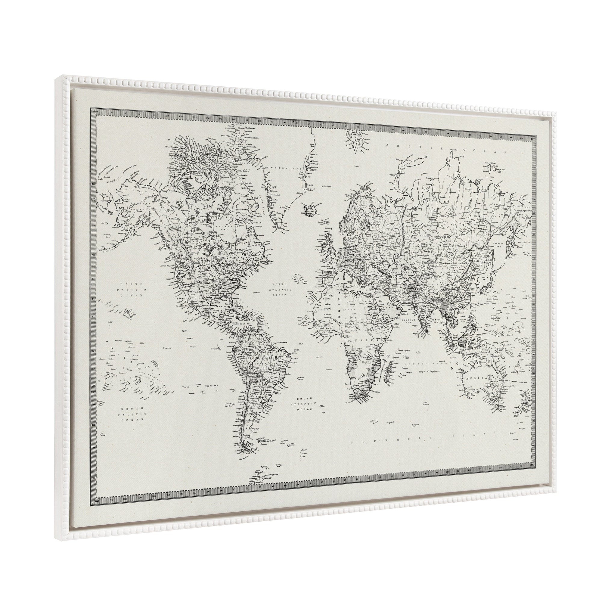 Sylvie Beaded Vintage Black and White World Map in White Frame on Wall