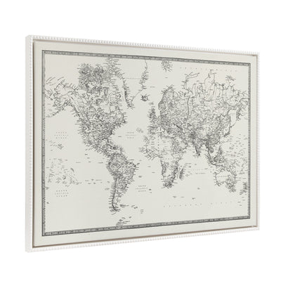 Sylvie Beaded Vintage Black and White World Map in White Frame on Wall