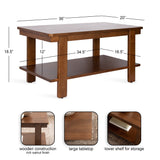 Rectangular wooden coffee table with rich walnut finish, featuring a large tabletop and a lower shelf for storage shown with dimensions.