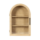 Light beige arched wall cabinet with two interior shelves and a black vertical handle on the right side against a white background.