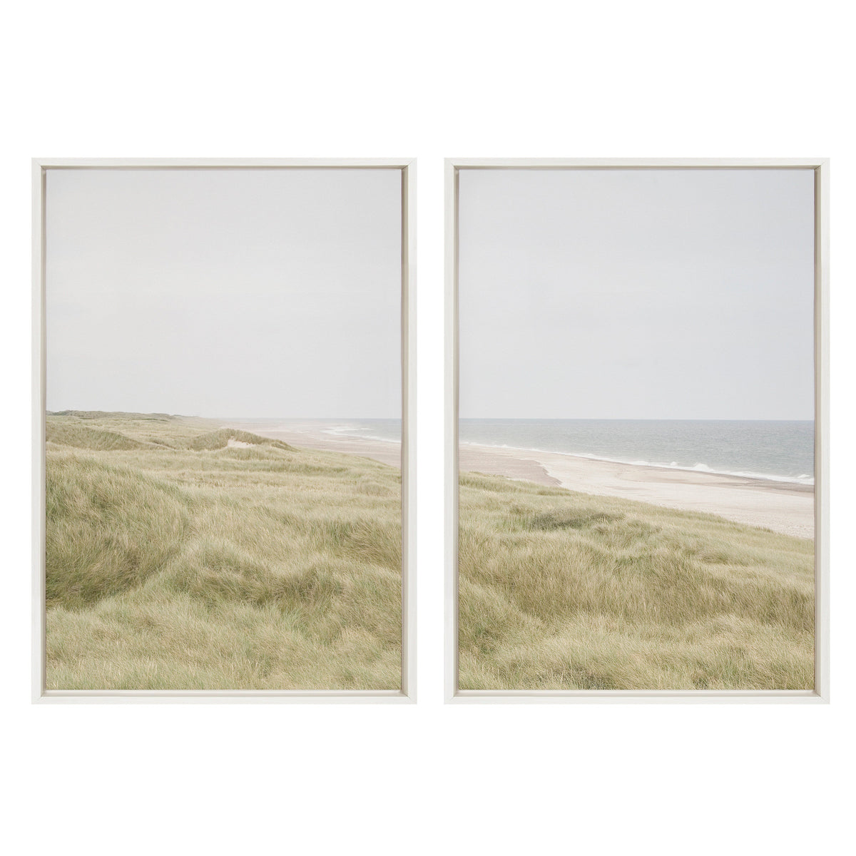 Framed canvas set featuring a soft coastal landscape with beige grassy dunes in foreground and calm grey sea under pale sky.
