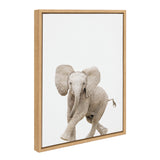 Framed canvas print of a baby elephant walking forward with one leg raised, set against a plain white background in a light wooden frame.