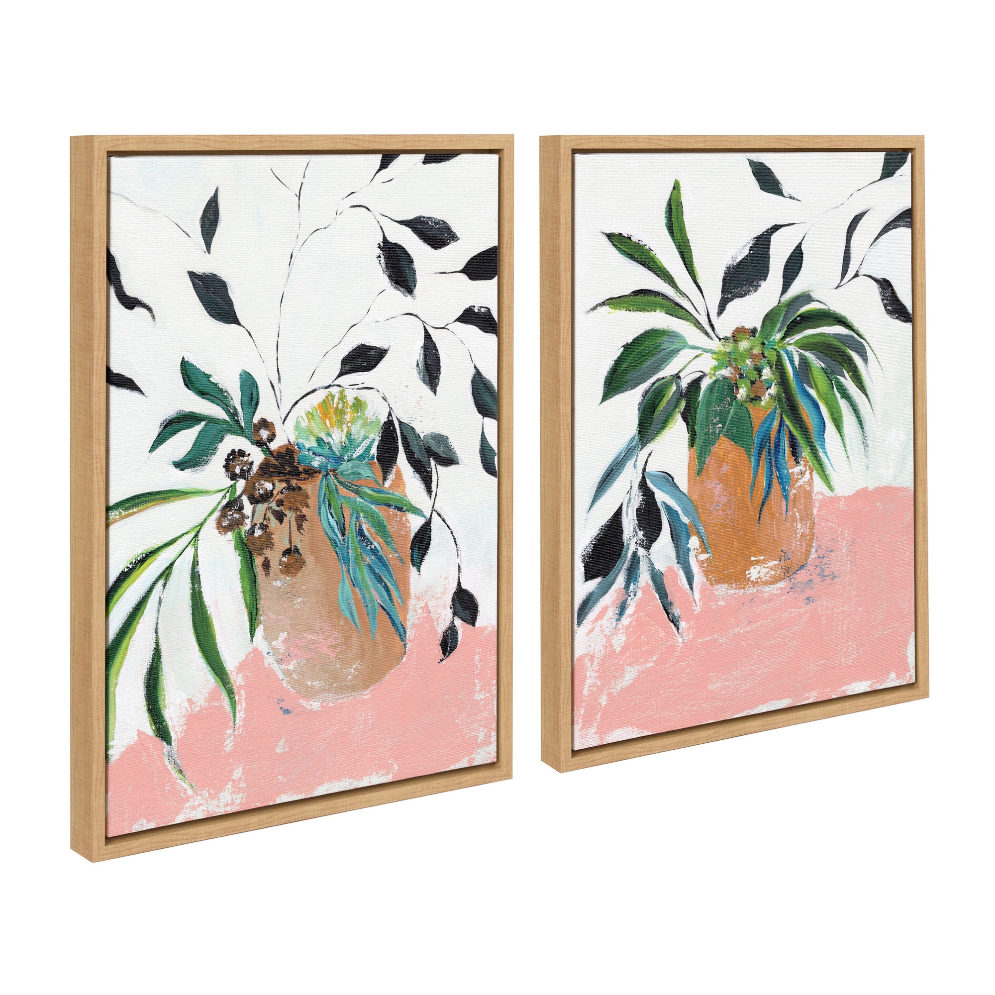 Sylvie Wild Foliage l and II Framed Canvas Art Set by Nikita Jariwala showing botanical prints with gold and natural frames