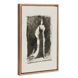 Black ink sketch of a standing woman draped in a long, white feathered robe against a dark textured background, framed in a wood frame with beaded detailing.