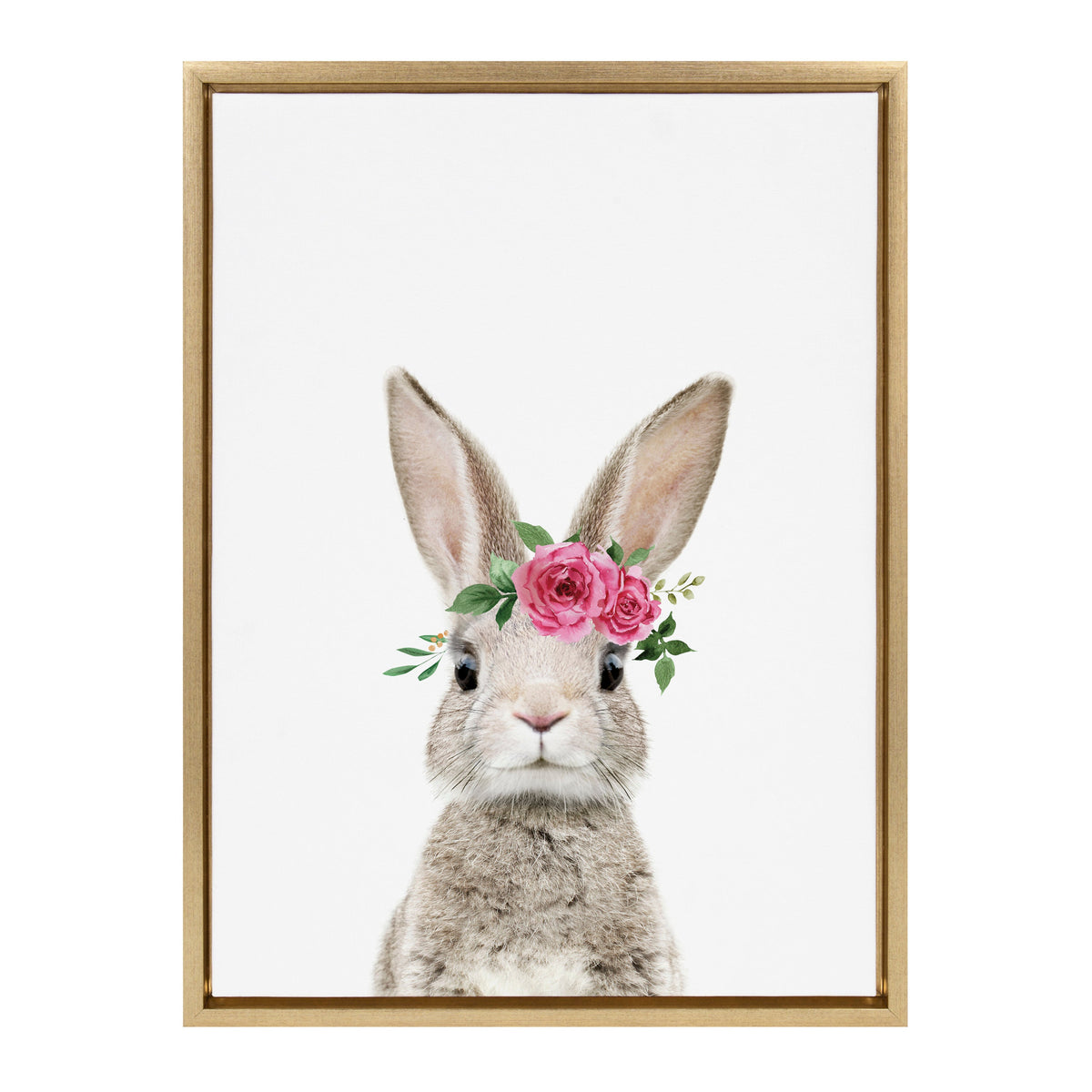 Frontal portrait of a light brown rabbit wearing a pink rose and green leaf crown on its head, centered on a white background with a simple tan wooden frame.