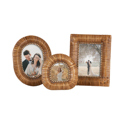 Rahfy Tabletop Picture Frame Set showing three natural rattan frames on a surface