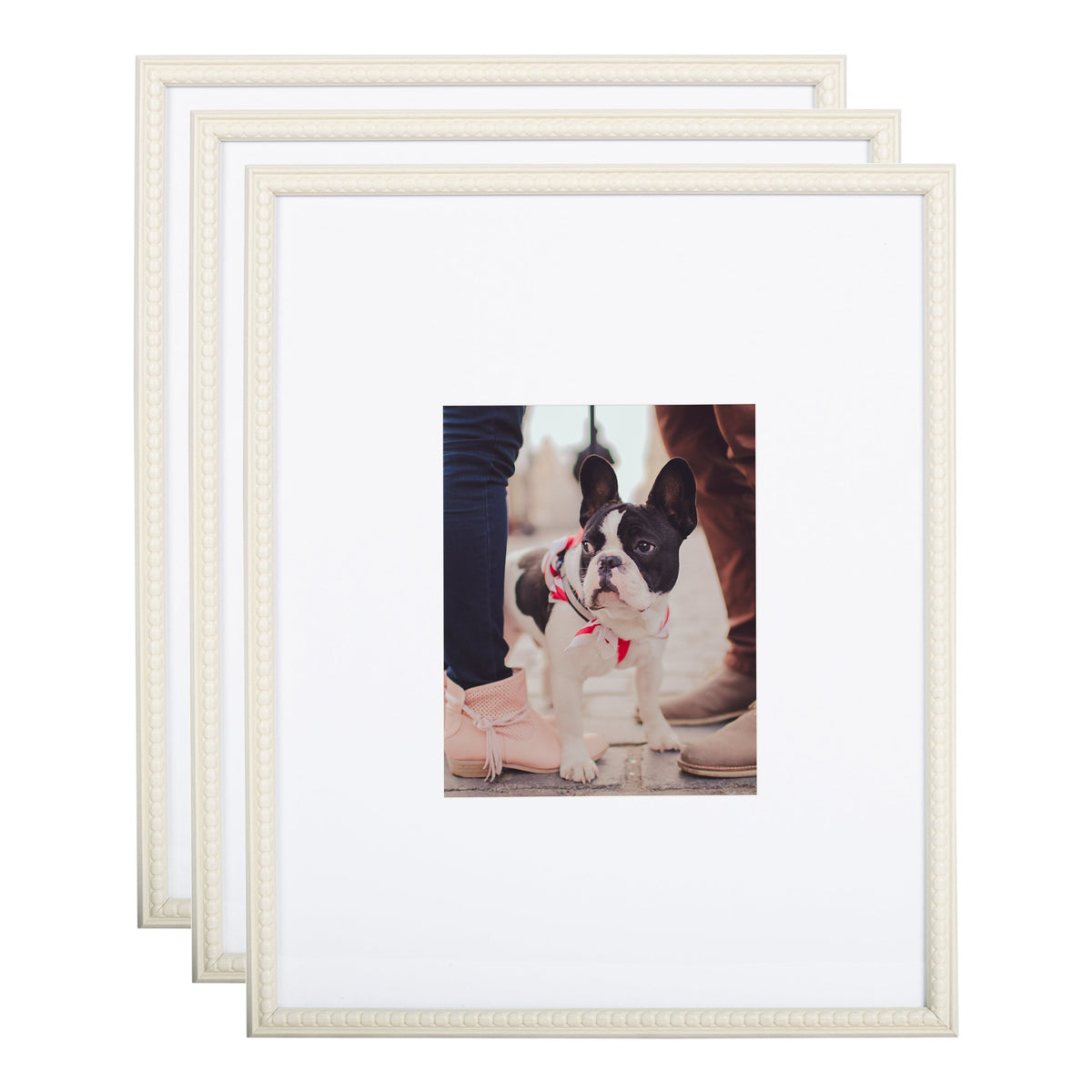 Three-piece Adlynn Beaded Photo Frame Set in light neutral wall setting