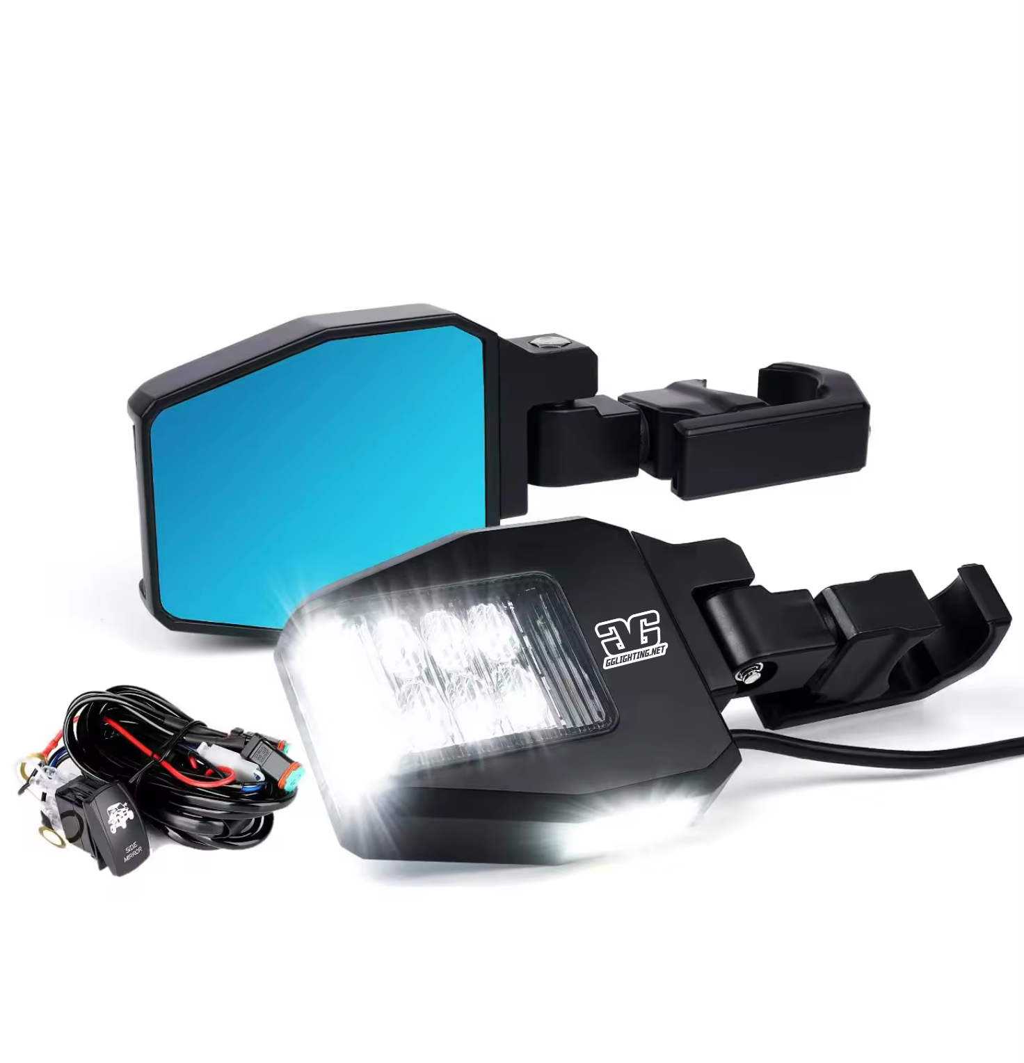 Pair of Off Road Side Mirrors with Sidewinder LED Pod Lights mounted with adjustable clamps