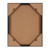 Back view of a rectangular black frame with brown cardboard corner protectors and a solid brown backing board.