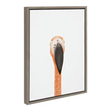 Minimalist portrait of a flamingo with a long orange neck and large black beak against a white background, framed in a simple gray wooden frame.