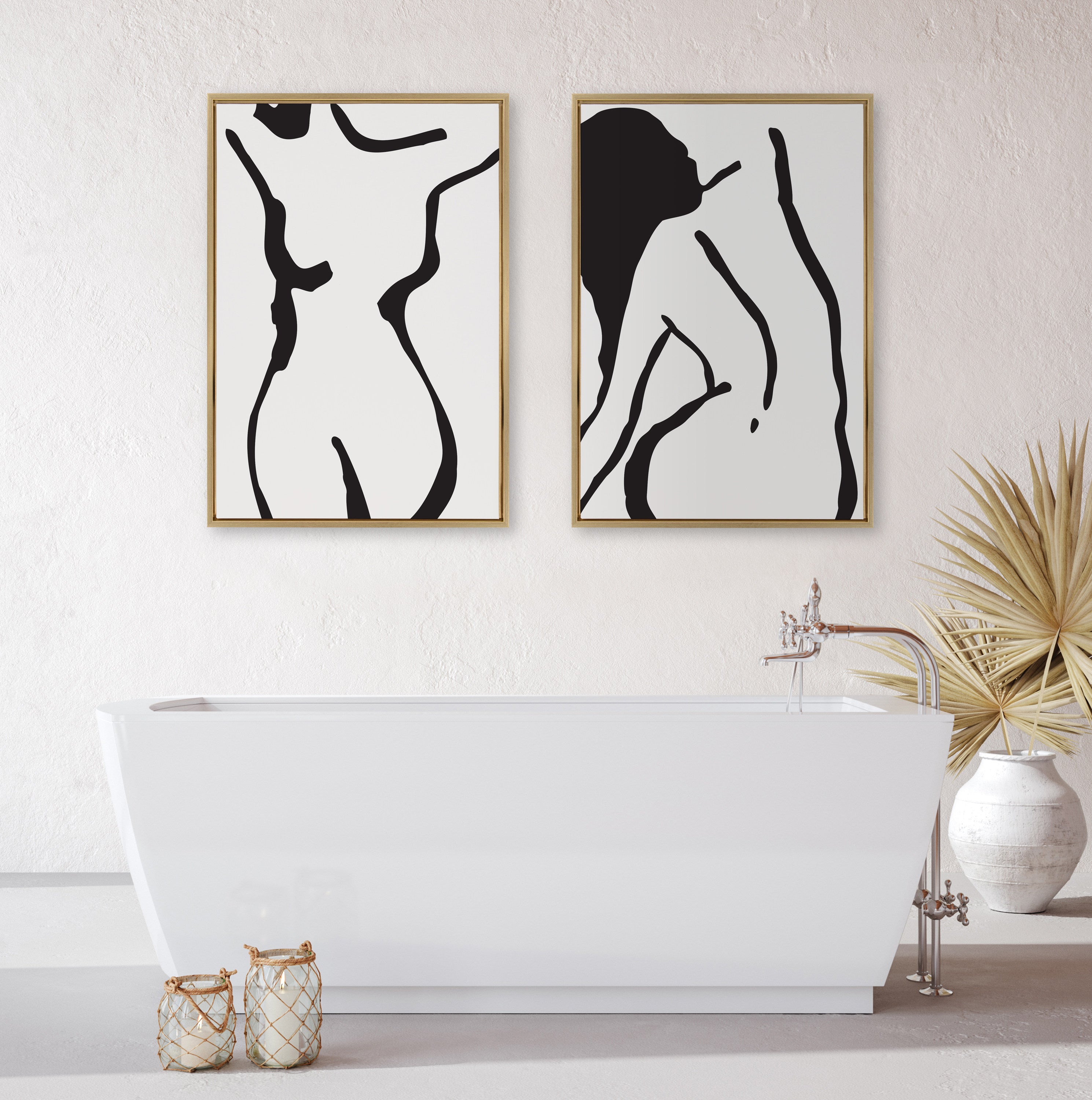 Sylvie Timeless Feminine Figural Drawing 1 Black and White Framed Canvas by The Creative Bunch Studio