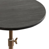 Round dark gray marble tabletop with subtle white veining, supported by a bronze adjustable metal stem clamp with a butterfly screw.