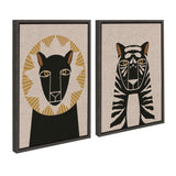 Framed canvas art set featuring minimalist black lion and tiger profiles on neutral linen backgrounds with geometric gold and white accents