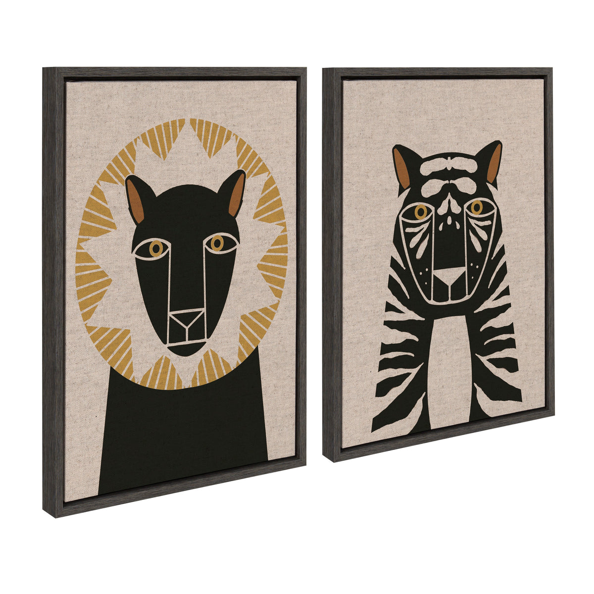 Framed canvas art set featuring minimalist black lion and tiger profiles on neutral linen backgrounds with geometric gold and white accents