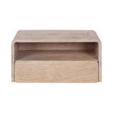 Minimalist light wood floating side table with rounded edges, an open shelf, and a front drawer, shown from the front against a white background.