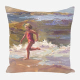 Painting of a young girl in a red swimsuit running through surf with waves and water in purple and blue hues in the background on a pillow cover.