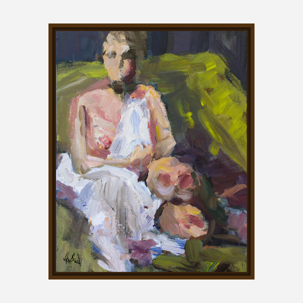 Girl on Green Chair Artist Enhanced Canvas Print by John Beard Collection - product image 7 for Resin Society