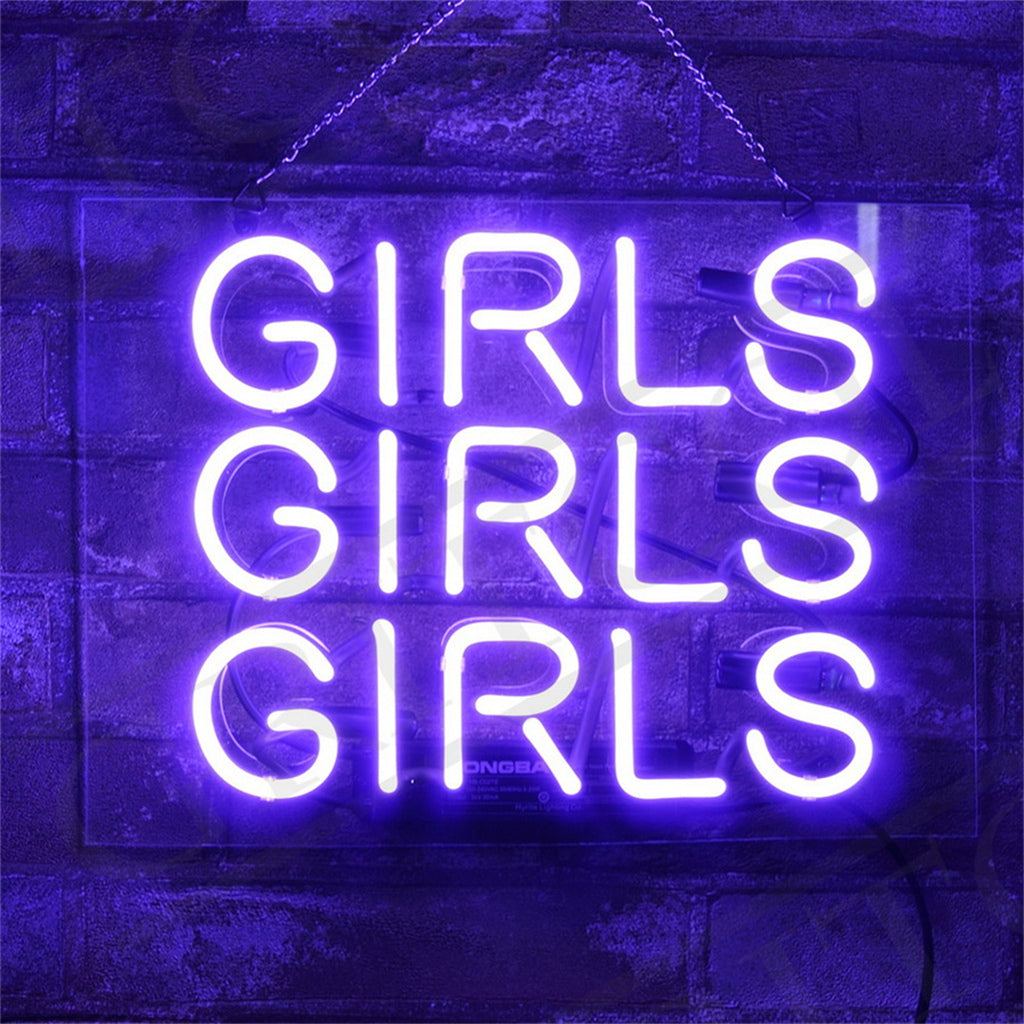 Girls Girls Girls Neon Sign lit in vibrant purple, mounted on a wall with metal chain