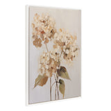 Framed canvas depicting three soft beige and cream hydrangea blooms with green leaves on thin stems against a light neutral background, viewed slightly from the side.