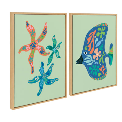 Sylvie Modern Colorful Starfish and Tropical Fish framed canvas art set displayed on a wall