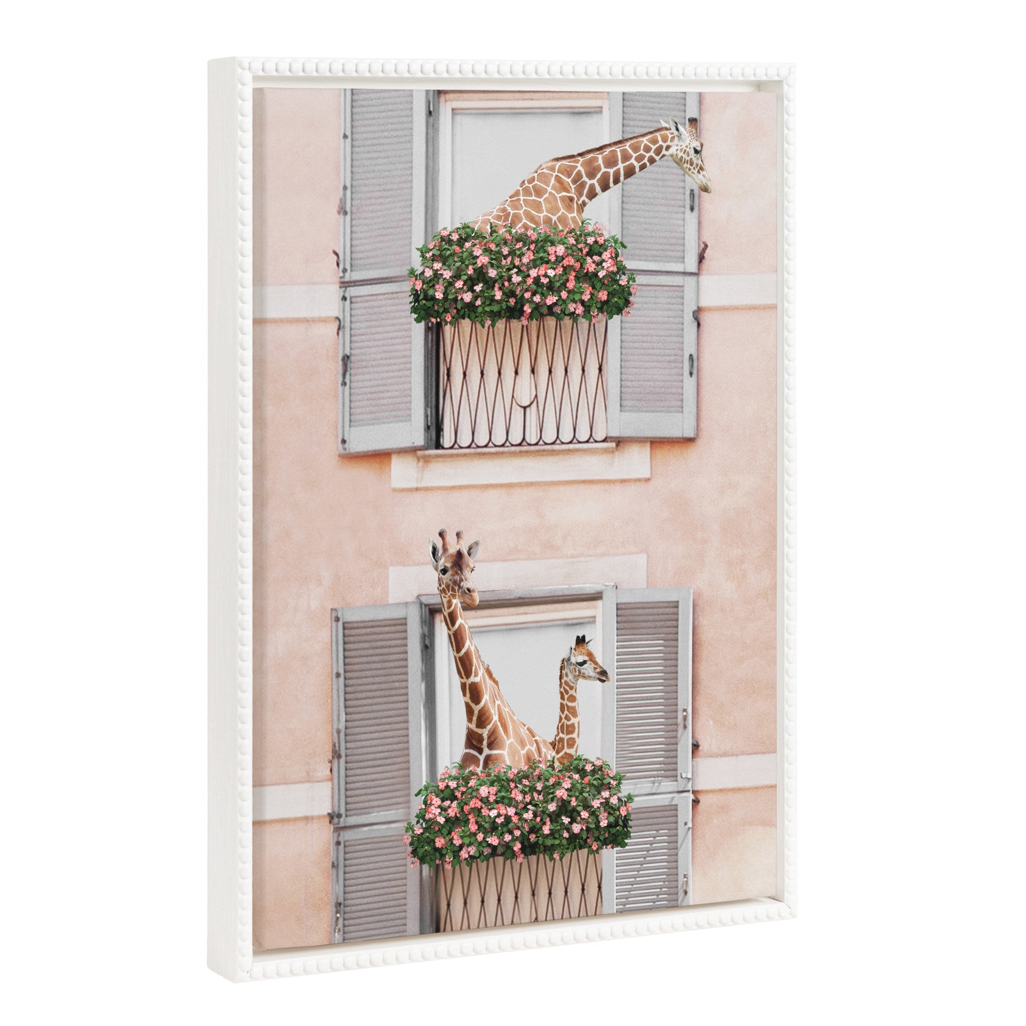 Framed canvas art showing neighboring giraffes with a vintage beaded white frame