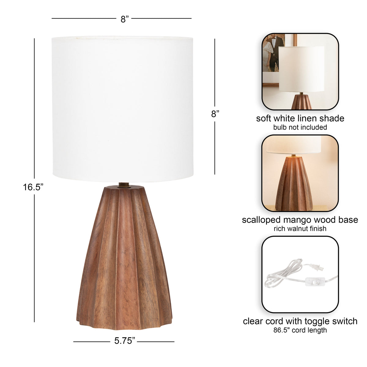 Table lamp with an 8-inch soft white linen shade and a scalloped mango wood base finished in rich walnut, measuring 16.5 inches high.