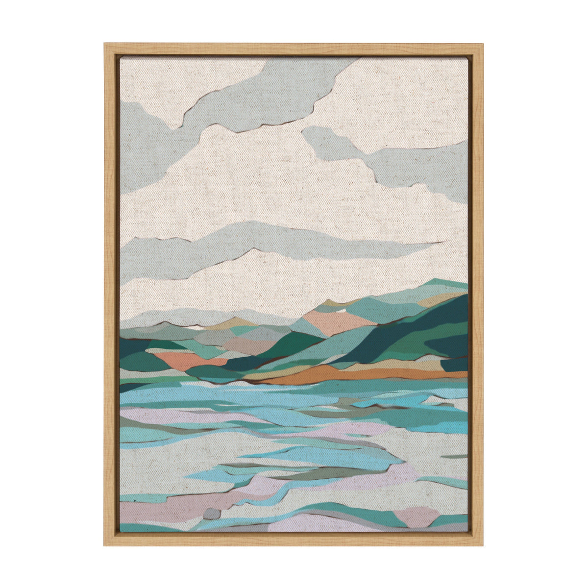 Abstract landscape painting with layered teal, green, beige, and mauve shapes depicting hills and water beneath a cloudy sky, framed in light wood.