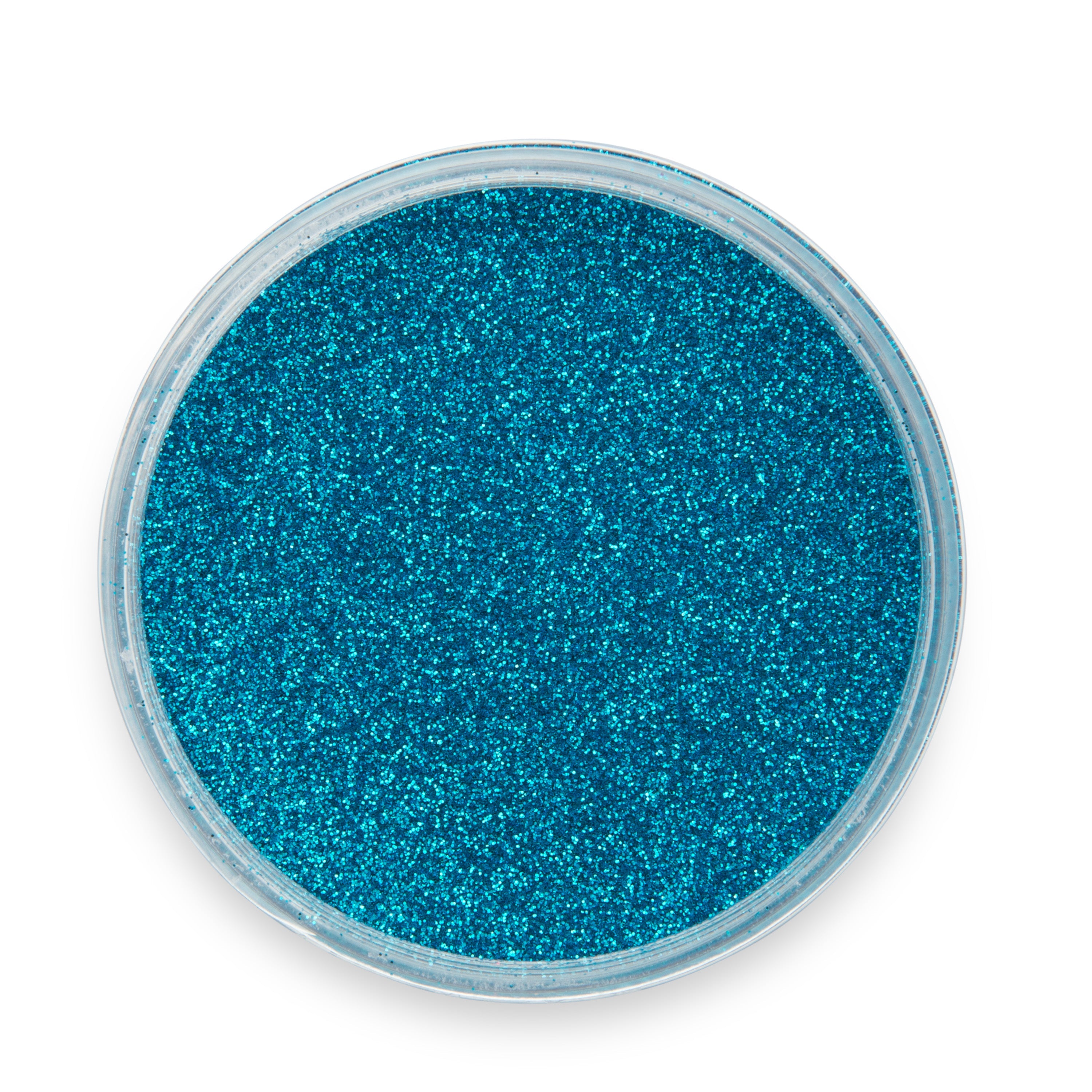 Blue glitter in a round container on a white background